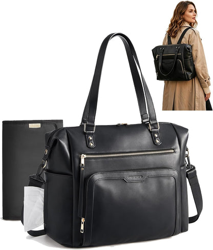 PU Leather Convertible Diaper Bag Backpack, Crossbody Bag Tote