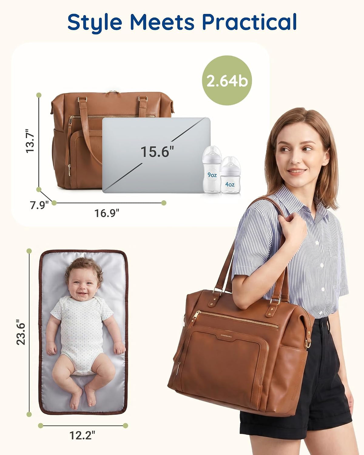 PU Leather Convertible Diaper Bag Backpack, Crossbody Bag Tote