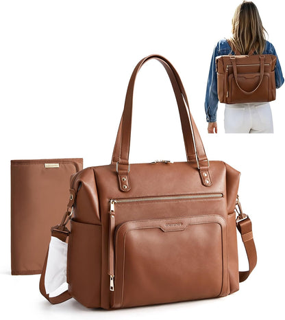 PU Leather Convertible Diaper Bag Backpack, Crossbody Bag Tote