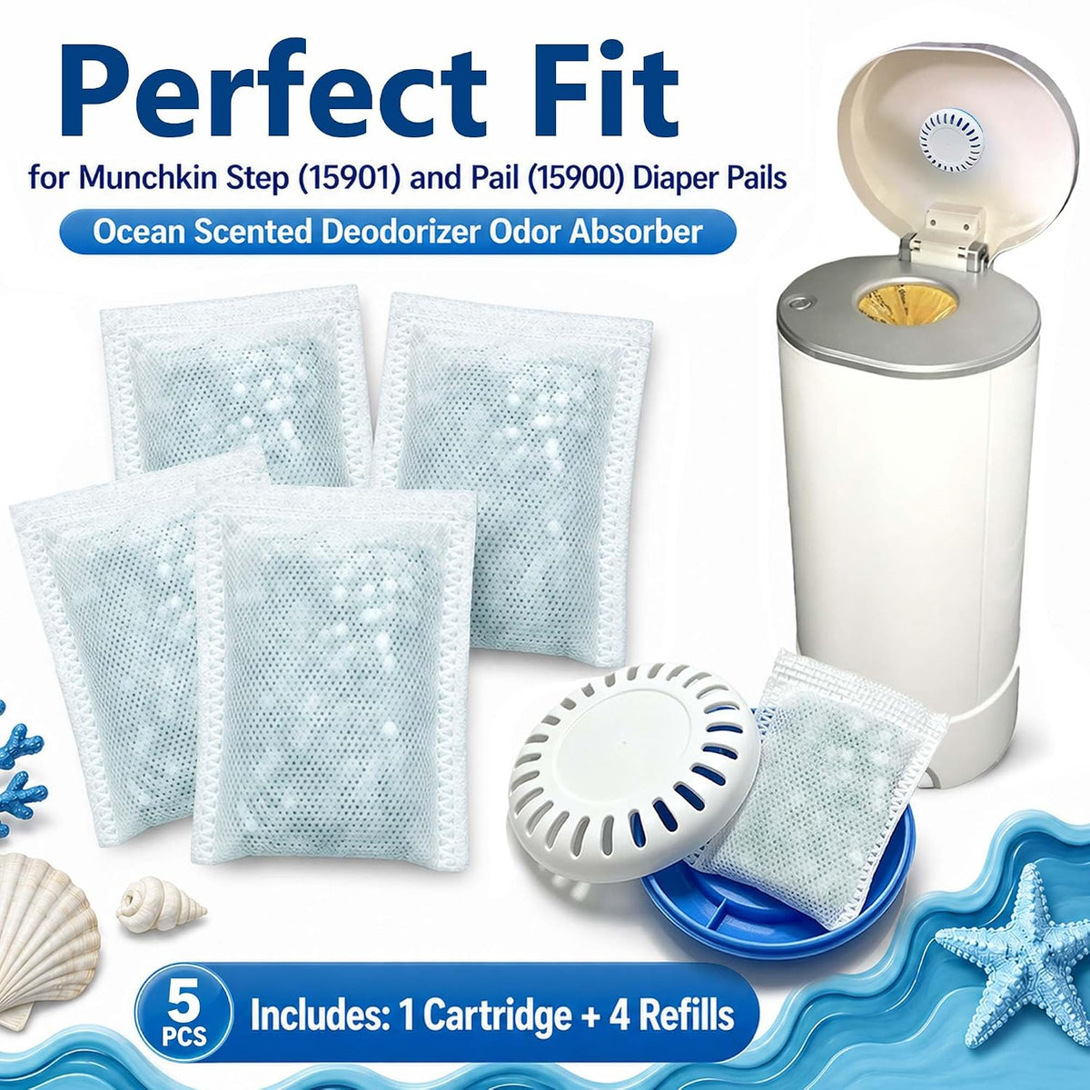Puck Cartridge & 4 Baking Soda Refills for Munchkin Diaper Pails
