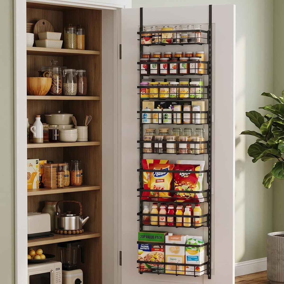 Over the Door Pantry Organizer, Adjustable 6 Tier Wide Storage Shelves with Hooks Fit Thin Doors Hold Spices Rack for Pantry Kitchen RV, White
