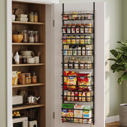 Over the Door Pantry Organizer, Adjustable 6 Tier Wide Storage Shelves with Hooks Fit Thin Doors Hold Spices Rack for Pantry Kitchen RV, White