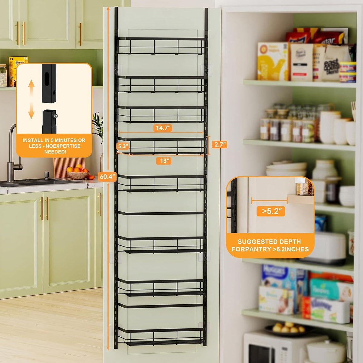 Over the Door Pantry Organizer, Adjustable 6 Tier Wide Storage Shelves with Hooks Fit Thin Doors Hold Spices Rack for Pantry Kitchen RV, White
