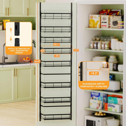 Over the Door Pantry Organizer, Adjustable 6 Tier Wide Storage Shelves with Hooks Fit Thin Doors Hold Spices Rack for Pantry Kitchen RV, White