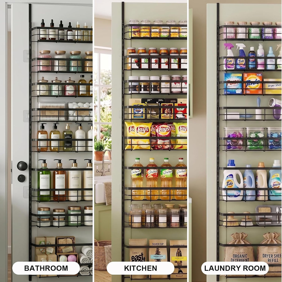 Over the Door Pantry Organizer, Adjustable 6 Tier Wide Storage Shelves with Hooks Fit Thin Doors Hold Spices Rack for Pantry Kitchen RV, White