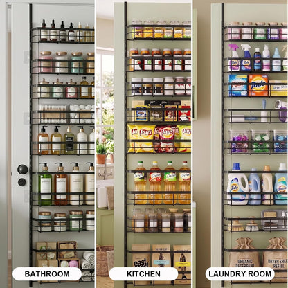 Over the Door Pantry Organizer, Adjustable 6 Tier Wide Storage Shelves with Hooks Fit Thin Doors Hold Spices Rack for Pantry Kitchen RV, White