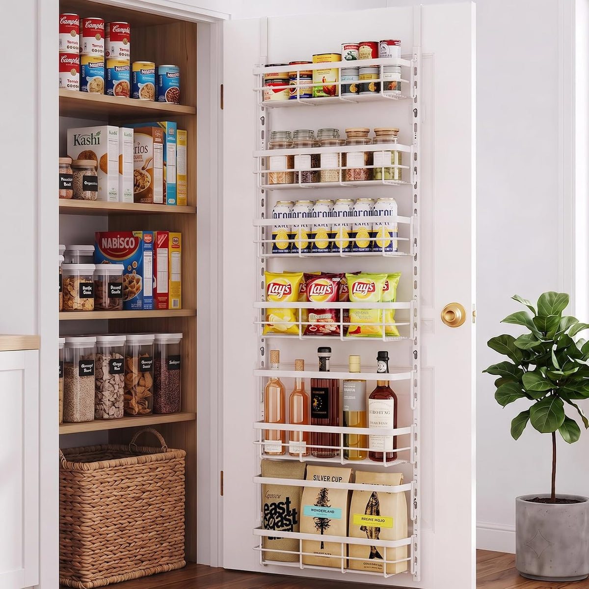 Over the Door Pantry Organizer, Adjustable 6 Tier Wide Storage Shelves with Hooks Fit Thin Doors Hold Spices Rack for Pantry Kitchen RV, White