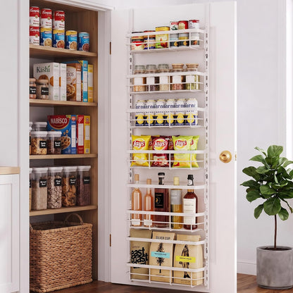Over the Door Pantry Organizer, Adjustable 6 Tier Wide Storage Shelves with Hooks Fit Thin Doors Hold Spices Rack for Pantry Kitchen RV, White