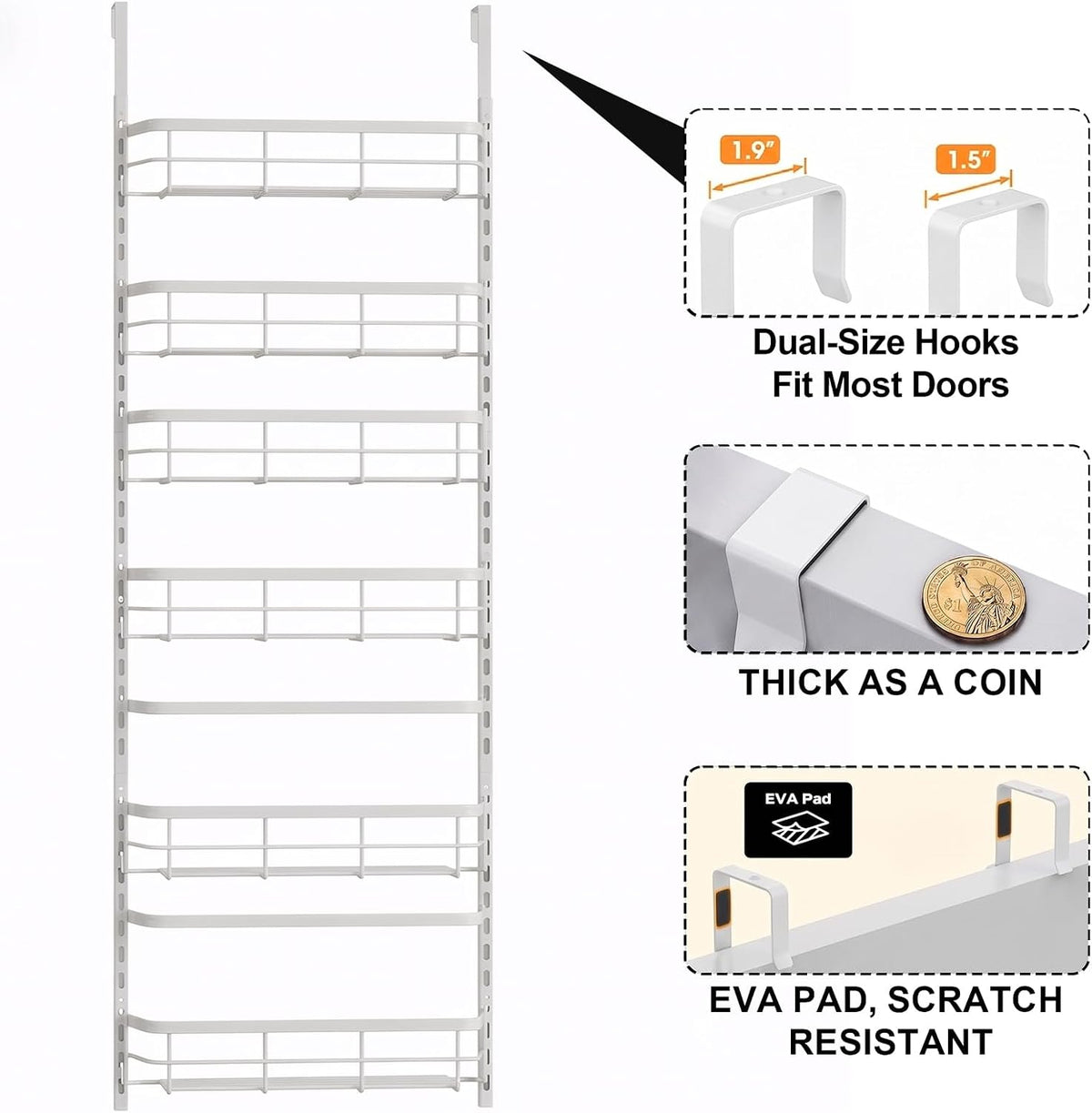 Over the Door Pantry Organizer, Adjustable 6 Tier Wide Storage Shelves with Hooks Fit Thin Doors Hold Spices Rack for Pantry Kitchen RV, White