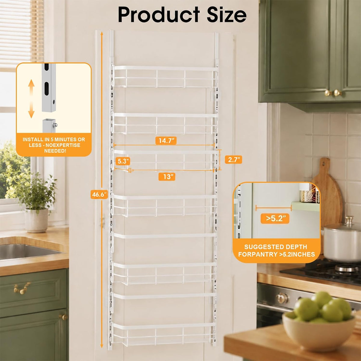 Over the Door Pantry Organizer, Adjustable 6 Tier Wide Storage Shelves with Hooks Fit Thin Doors Hold Spices Rack for Pantry Kitchen RV, White