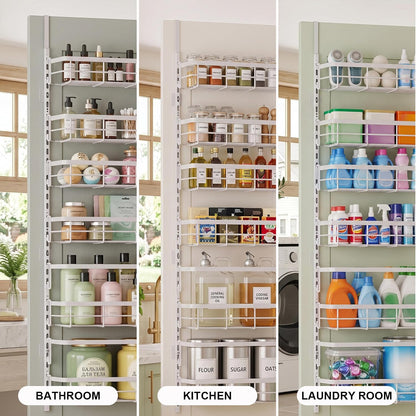 Over the Door Pantry Organizer, Adjustable 6 Tier Wide Storage Shelves with Hooks Fit Thin Doors Hold Spices Rack for Pantry Kitchen RV, White