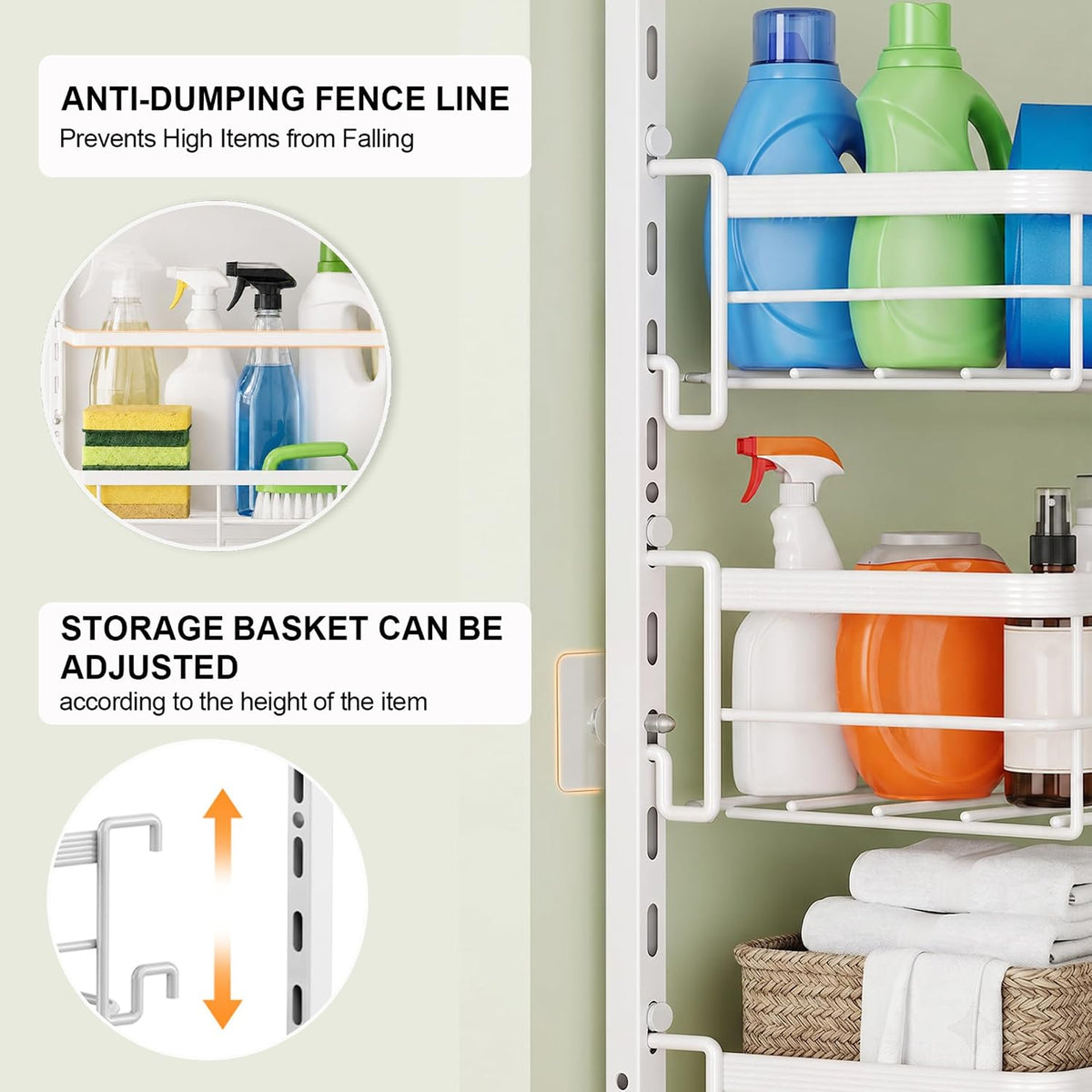 Over the Door Pantry Organizer, Adjustable 6 Tier Wide Storage Shelves with Hooks Fit Thin Doors Hold Spices Rack for Pantry Kitchen RV, White