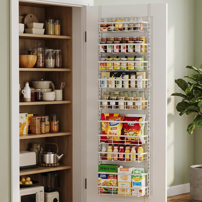 Over the Door Pantry Organizer, Adjustable 6 Tier Wide Storage Shelves with Hooks Fit Thin Doors Hold Spices Rack for Pantry Kitchen RV, White