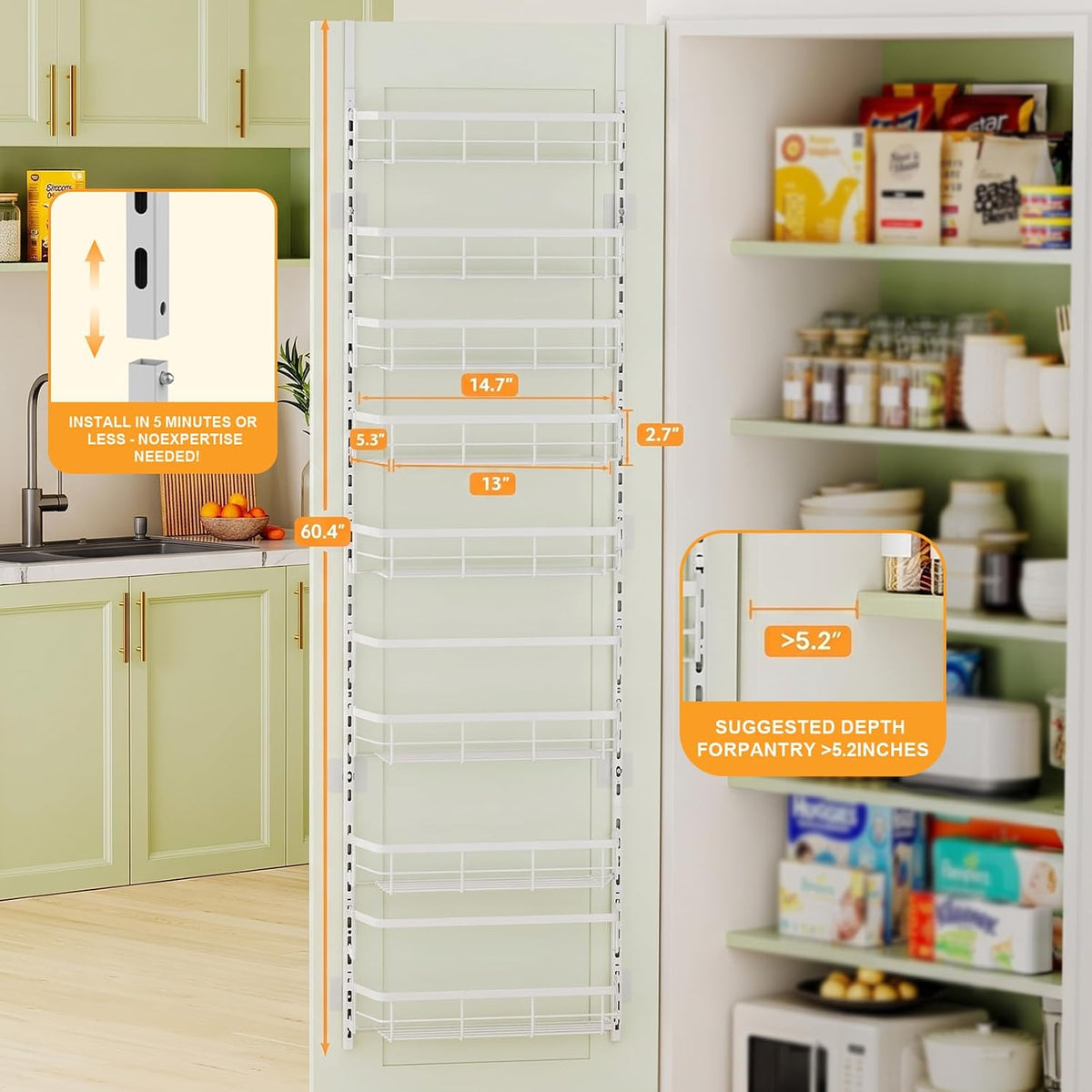 Over the Door Pantry Organizer, Adjustable 6 Tier Wide Storage Shelves with Hooks Fit Thin Doors Hold Spices Rack for Pantry Kitchen RV, White