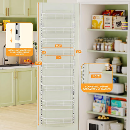 Over the Door Pantry Organizer, Adjustable 6 Tier Wide Storage Shelves with Hooks Fit Thin Doors Hold Spices Rack for Pantry Kitchen RV, White