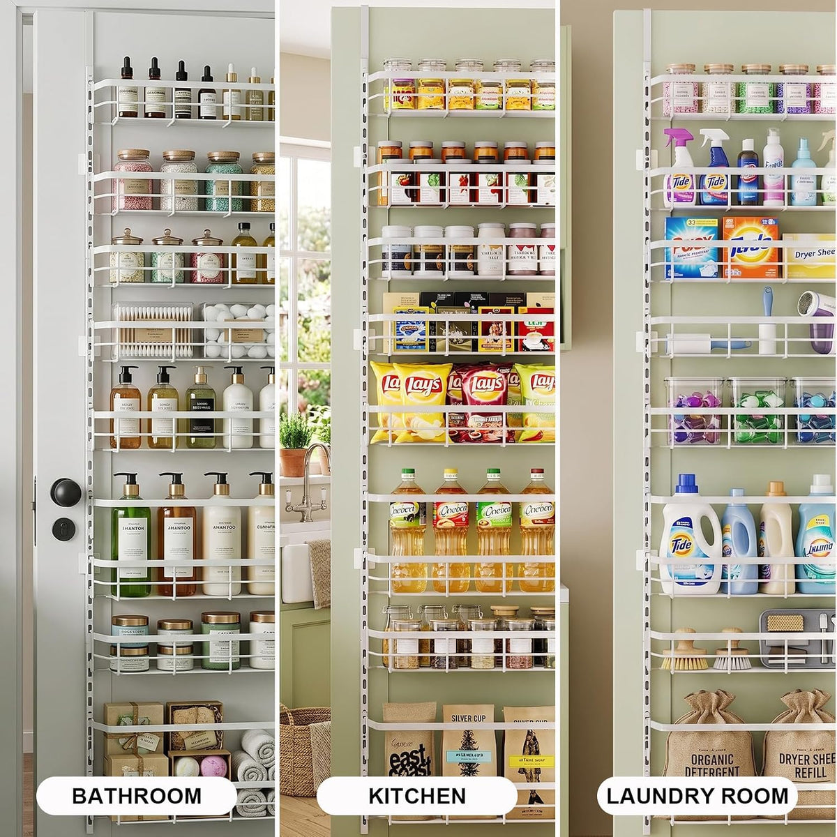 Over the Door Pantry Organizer, Adjustable 6 Tier Wide Storage Shelves with Hooks Fit Thin Doors Hold Spices Rack for Pantry Kitchen RV, White