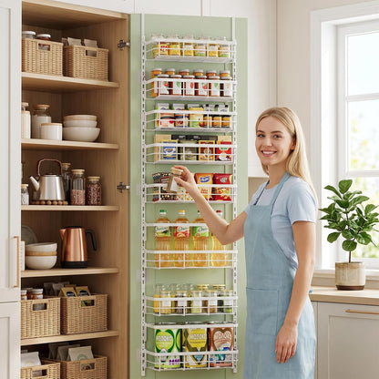 Over the Door Pantry Organizer, Adjustable 6 Tier Wide Storage Shelves with Hooks Fit Thin Doors Hold Spices Rack for Pantry Kitchen RV, White