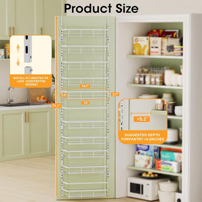 Over the Door Pantry Organizer, Adjustable 6 Tier Wide Storage Shelves with Hooks Fit Thin Doors Hold Spices Rack for Pantry Kitchen RV, White