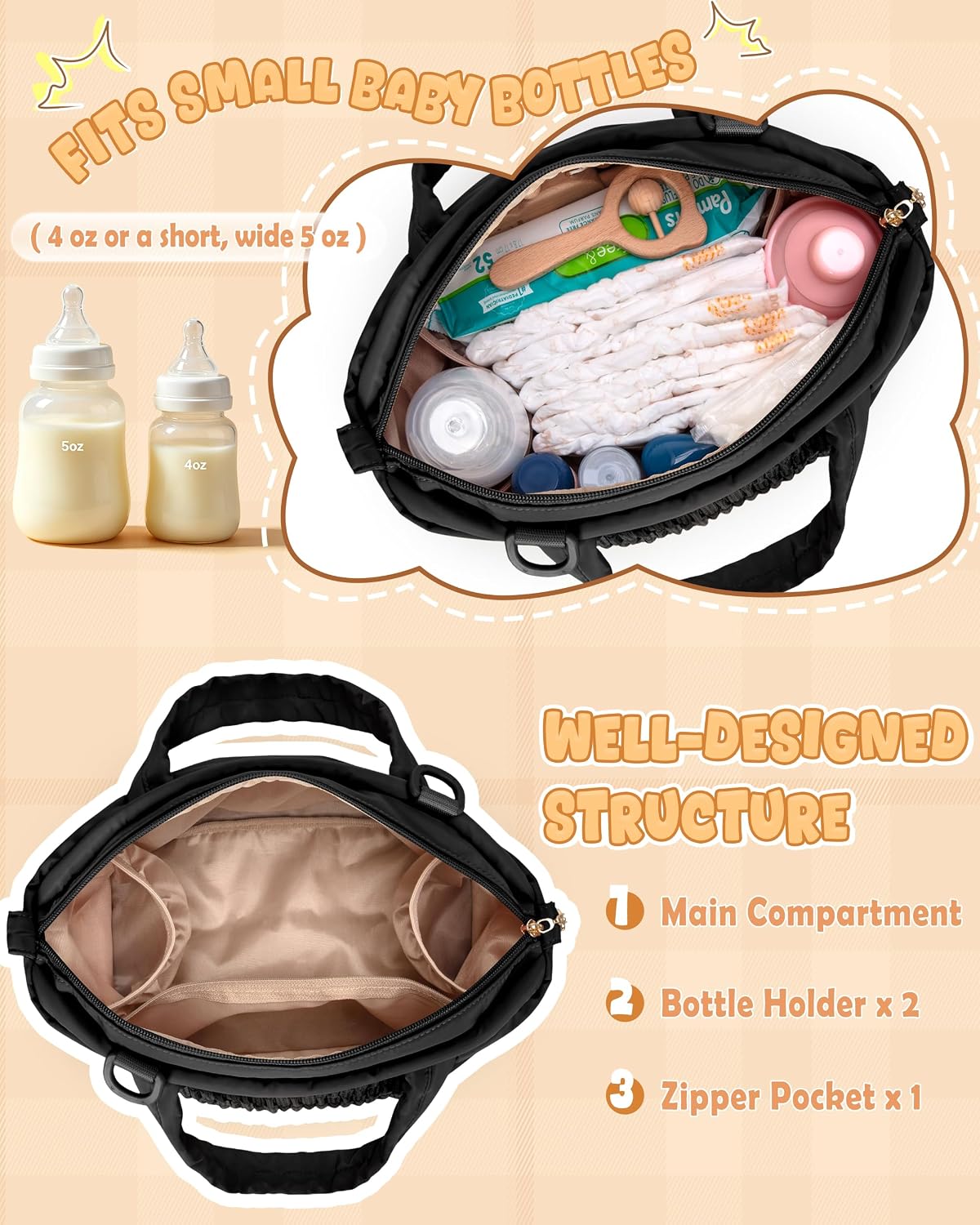 Small Crossbody Diaper Bag Tote with 2 Bottle Pockets
