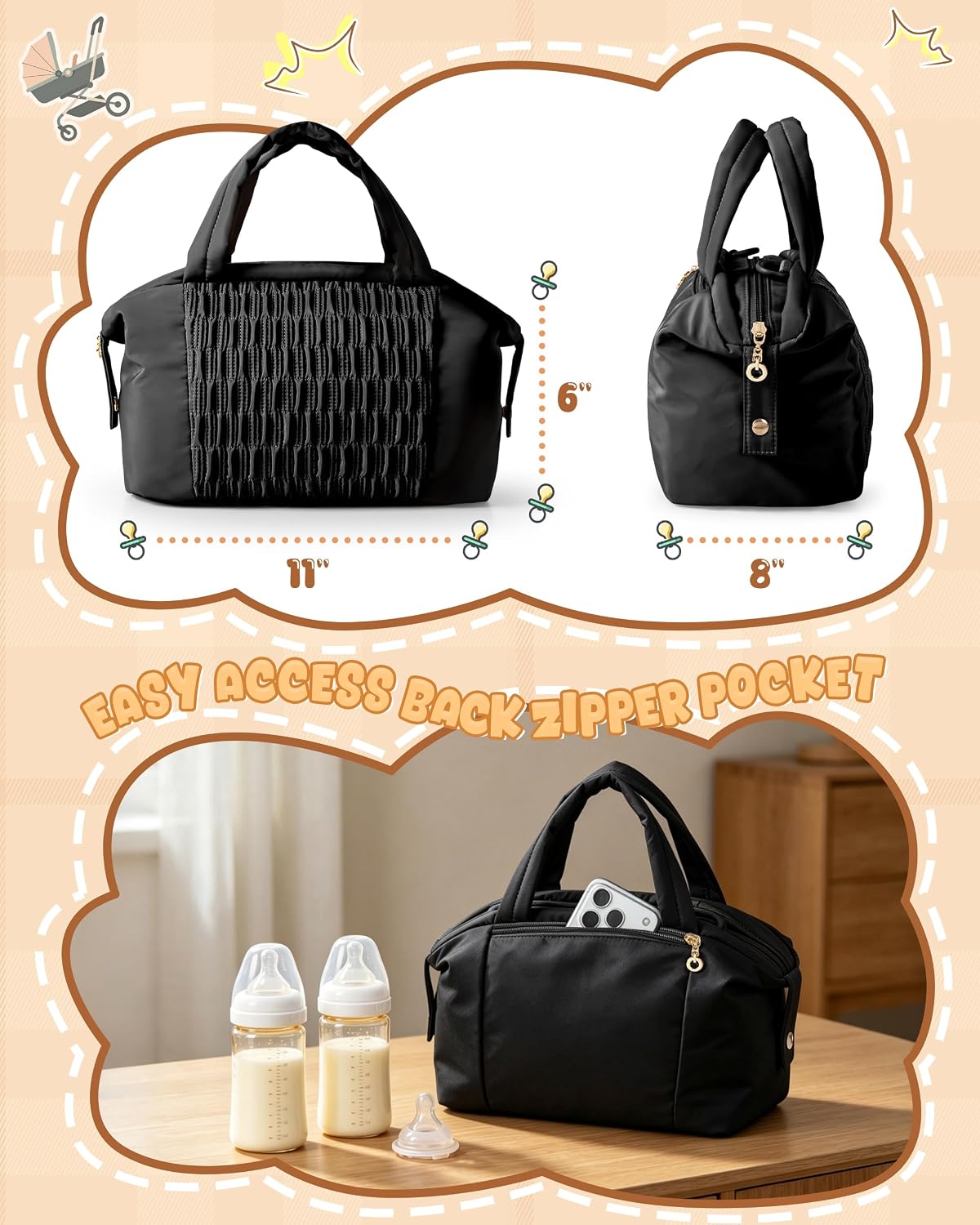 Small Crossbody Diaper Bag Tote with 2 Bottle Pockets