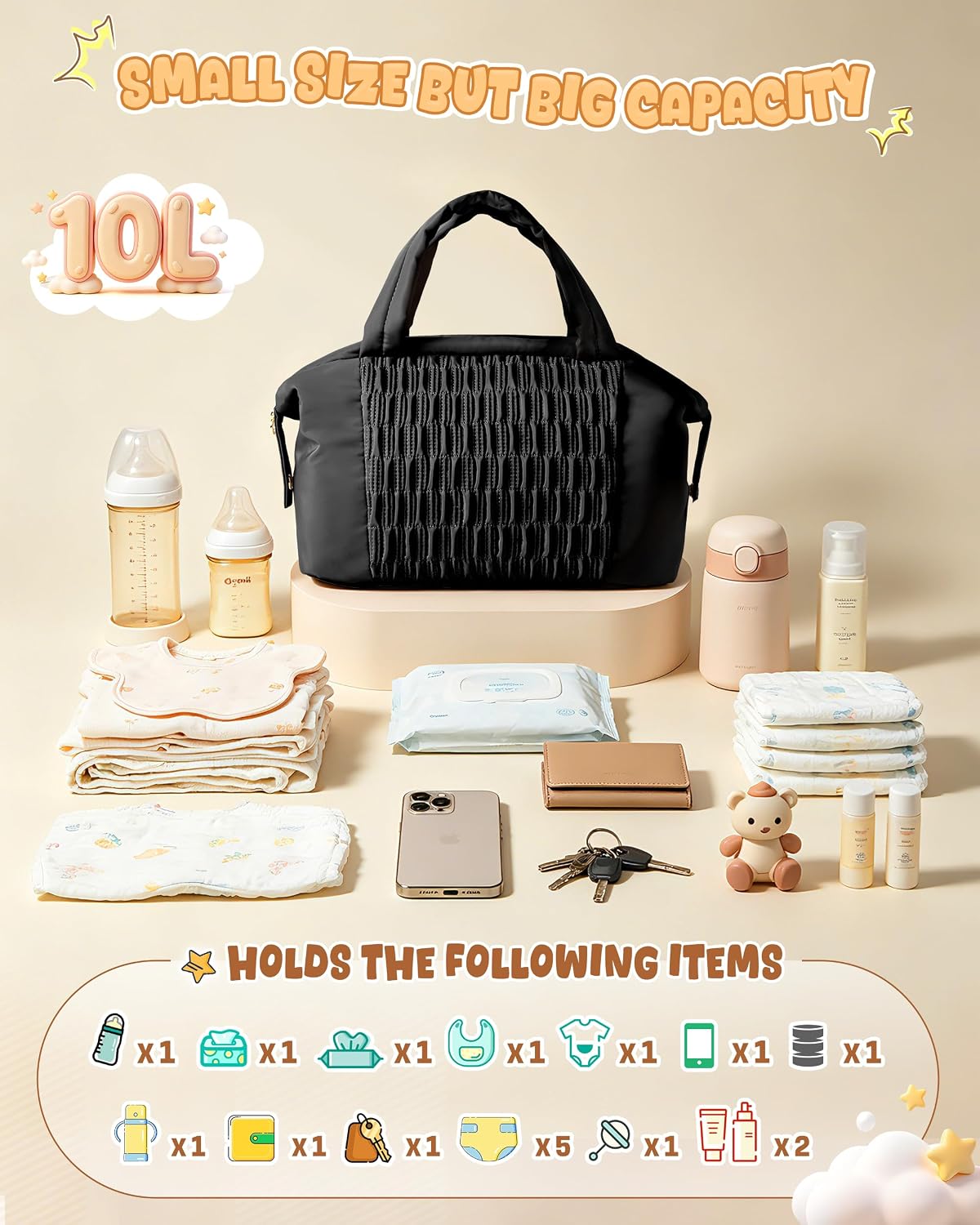Small Crossbody Diaper Bag Tote with 2 Bottle Pockets