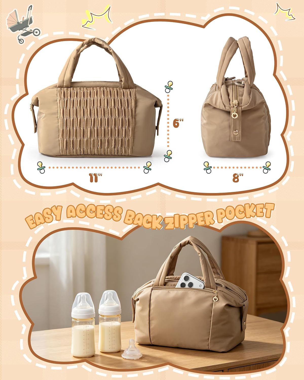 Small Crossbody Diaper Bag Tote with 2 Bottle Pockets