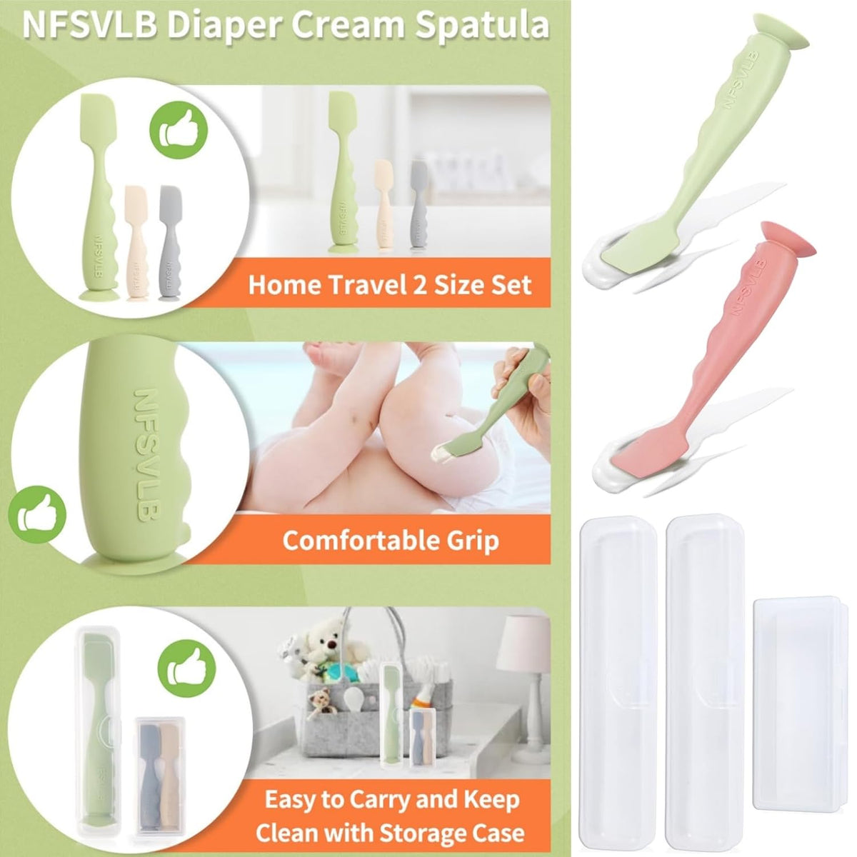 Diaper Cream Spatula with Case,2 Large 2 Mini Butt Paste Spatula with 3 Travel Case,Soft Baby Butt spatula Diaper Cream Applicator diaper Rash spatula Bum spatulas Brush (Blue-Gray)
