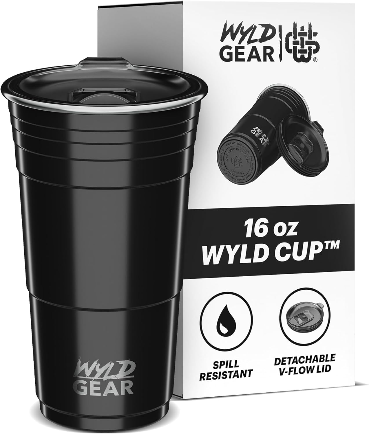 Wyld Gear Party Cup 16oz Black Stainless Steel Reusable Metal Cup with Lid | non-sweat exterior, 18/8 stainless steel, copper-coated core, non-slip rubber bottom, leak-resistant lid, powder coated