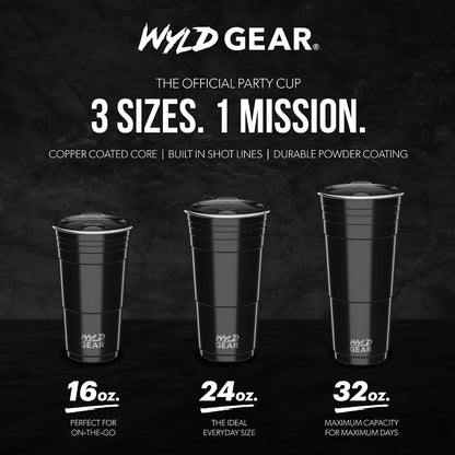 Wyld Gear Party Cup 16oz Black Stainless Steel Reusable Metal Cup with Lid | non-sweat exterior, 18/8 stainless steel, copper-coated core, non-slip rubber bottom, leak-resistant lid, powder coated