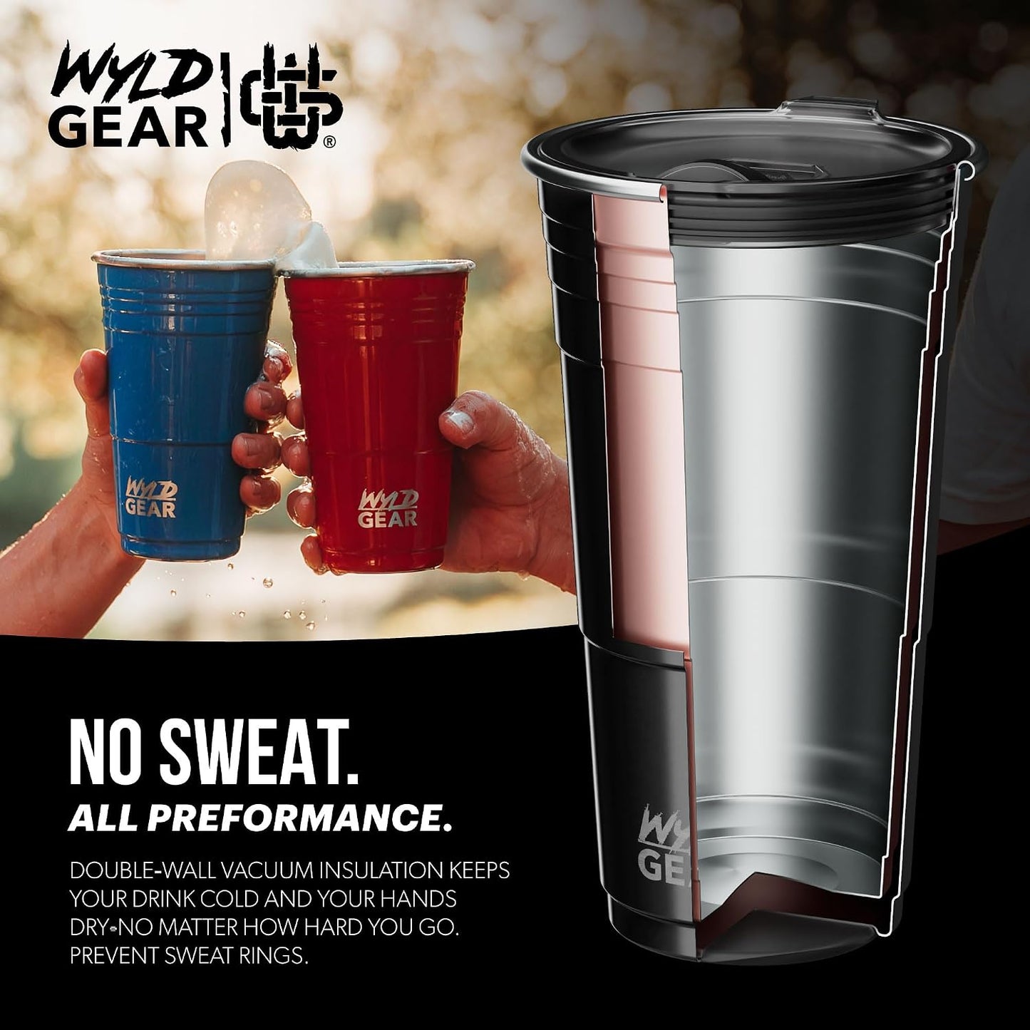 Wyld Gear Party Cup 16oz Black Stainless Steel Reusable Metal Cup with Lid | non-sweat exterior, 18/8 stainless steel, copper-coated core, non-slip rubber bottom, leak-resistant lid, powder coated