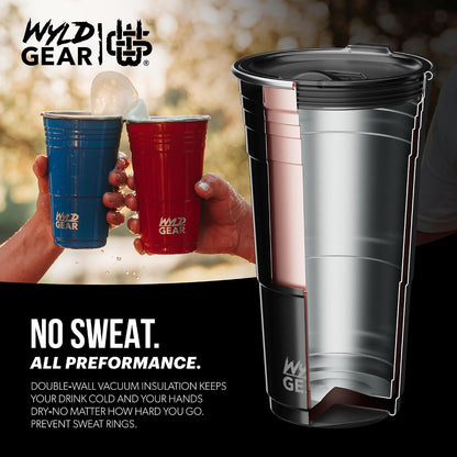 Wyld Gear Party Cup 16oz Black Stainless Steel Reusable Metal Cup with Lid | non-sweat exterior, 18/8 stainless steel, copper-coated core, non-slip rubber bottom, leak-resistant lid, powder coated