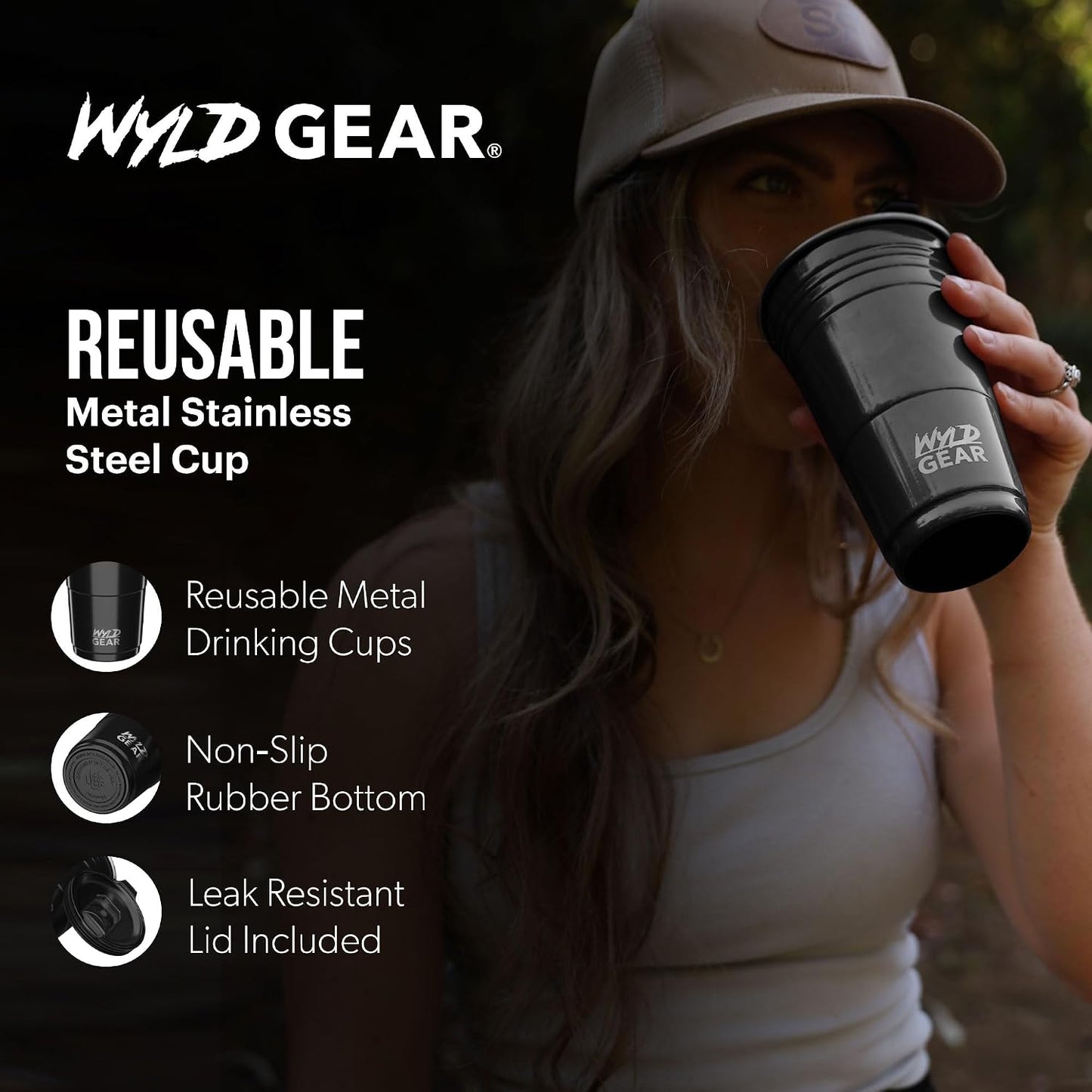 Wyld Gear Party Cup 16oz Black Stainless Steel Reusable Metal Cup with Lid | non-sweat exterior, 18/8 stainless steel, copper-coated core, non-slip rubber bottom, leak-resistant lid, powder coated