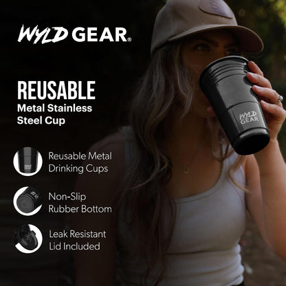 Wyld Gear Party Cup 16oz Black Stainless Steel Reusable Metal Cup with Lid | non-sweat exterior, 18/8 stainless steel, copper-coated core, non-slip rubber bottom, leak-resistant lid, powder coated
