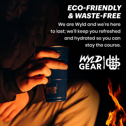 Wyld Gear Party Cup 16oz Black Stainless Steel Reusable Metal Cup with Lid | non-sweat exterior, 18/8 stainless steel, copper-coated core, non-slip rubber bottom, leak-resistant lid, powder coated