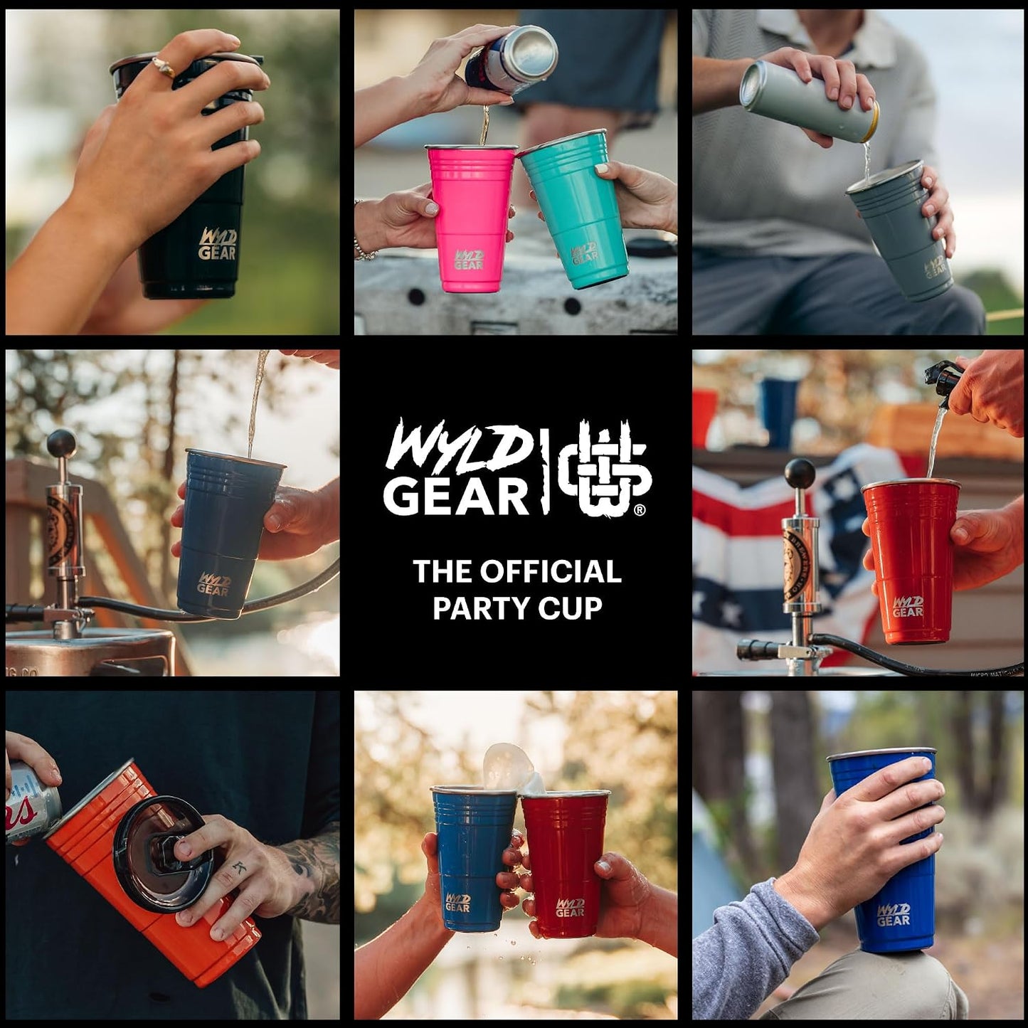 Wyld Gear Party Cup 16oz Black Stainless Steel Reusable Metal Cup with Lid | non-sweat exterior, 18/8 stainless steel, copper-coated core, non-slip rubber bottom, leak-resistant lid, powder coated