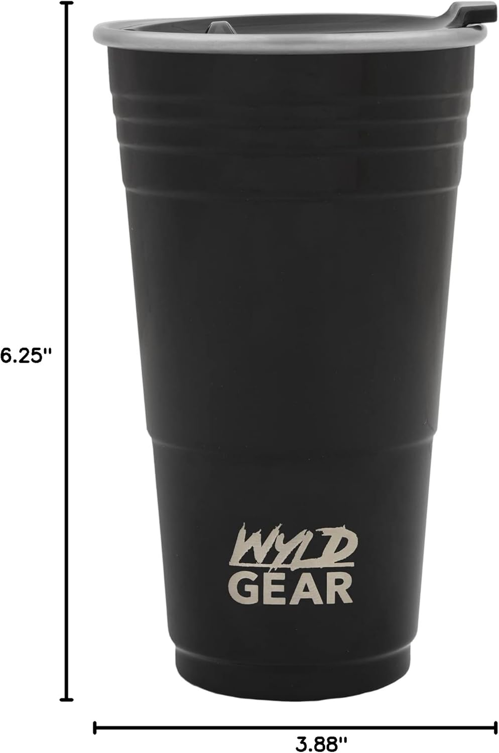 Wyld Gear Party Cup 16oz Black Stainless Steel Reusable Metal Cup with Lid | non-sweat exterior, 18/8 stainless steel, copper-coated core, non-slip rubber bottom, leak-resistant lid, powder coated