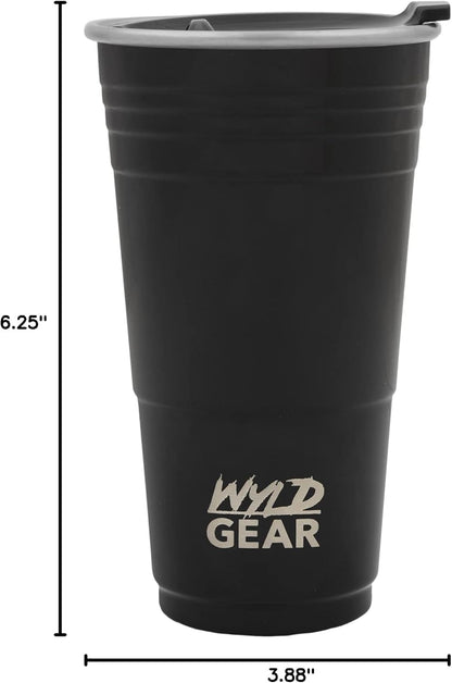 Wyld Gear Party Cup 16oz Black Stainless Steel Reusable Metal Cup with Lid | non-sweat exterior, 18/8 stainless steel, copper-coated core, non-slip rubber bottom, leak-resistant lid, powder coated
