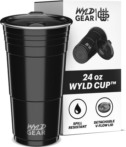 Wyld Gear Party Cup 16oz Black Stainless Steel Reusable Metal Cup with Lid | non-sweat exterior, 18/8 stainless steel, copper-coated core, non-slip rubber bottom, leak-resistant lid, powder coated