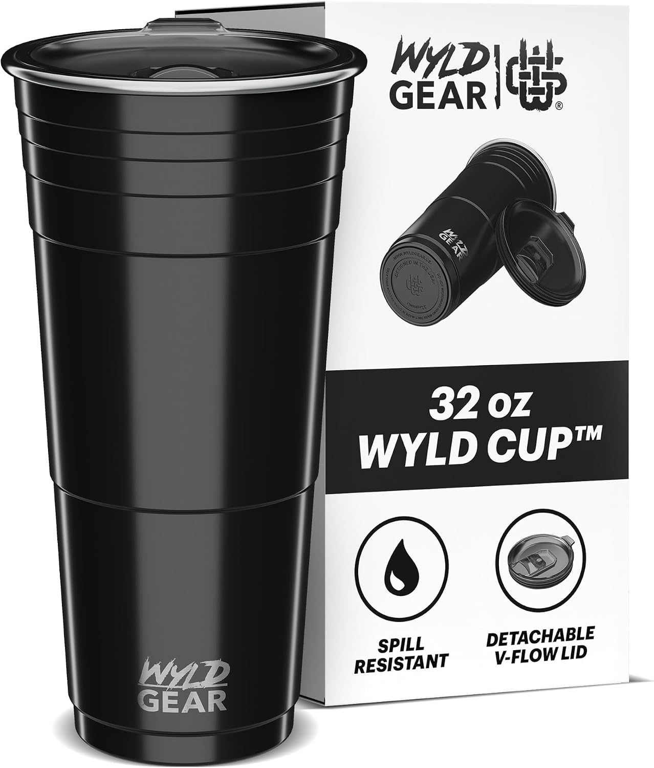Wyld Gear Party Cup 16oz Black Stainless Steel Reusable Metal Cup with Lid | non-sweat exterior, 18/8 stainless steel, copper-coated core, non-slip rubber bottom, leak-resistant lid, powder coated