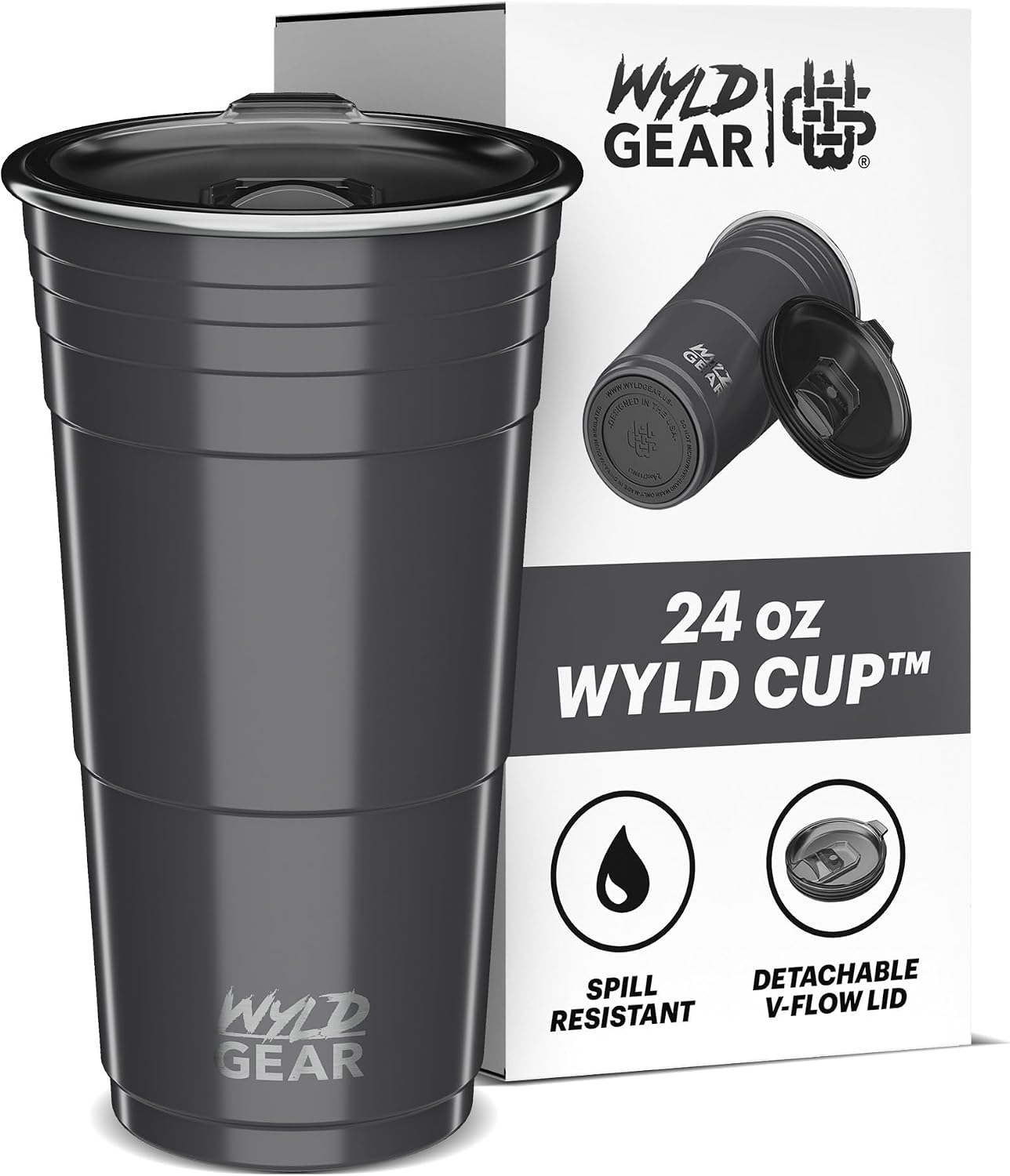 Wyld Gear Party Cup 16oz Black Stainless Steel Reusable Metal Cup with Lid | non-sweat exterior, 18/8 stainless steel, copper-coated core, non-slip rubber bottom, leak-resistant lid, powder coated