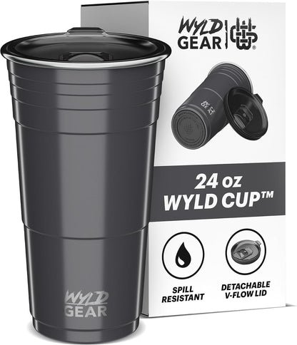 Wyld Gear Party Cup 16oz Black Stainless Steel Reusable Metal Cup with Lid | non-sweat exterior, 18/8 stainless steel, copper-coated core, non-slip rubber bottom, leak-resistant lid, powder coated
