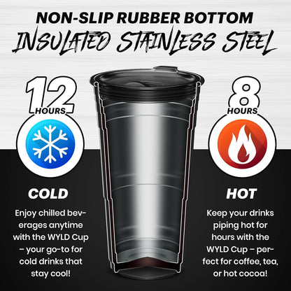 Wyld Gear Party Cup 16oz Black Stainless Steel Reusable Metal Cup with Lid | non-sweat exterior, 18/8 stainless steel, copper-coated core, non-slip rubber bottom, leak-resistant lid, powder coated