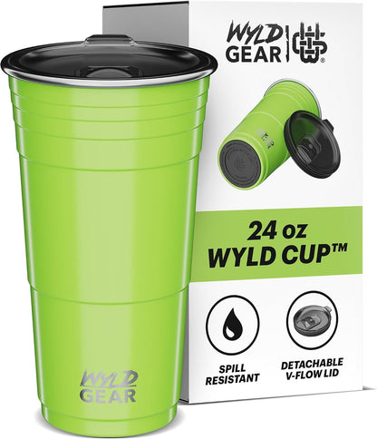 Wyld Gear Party Cup 16oz Black Stainless Steel Reusable Metal Cup with Lid | non-sweat exterior, 18/8 stainless steel, copper-coated core, non-slip rubber bottom, leak-resistant lid, powder coated