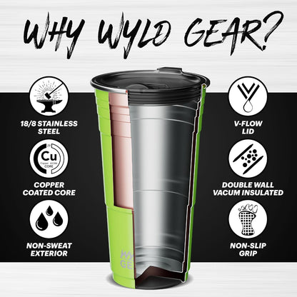 Wyld Gear Party Cup 16oz Black Stainless Steel Reusable Metal Cup with Lid | non-sweat exterior, 18/8 stainless steel, copper-coated core, non-slip rubber bottom, leak-resistant lid, powder coated