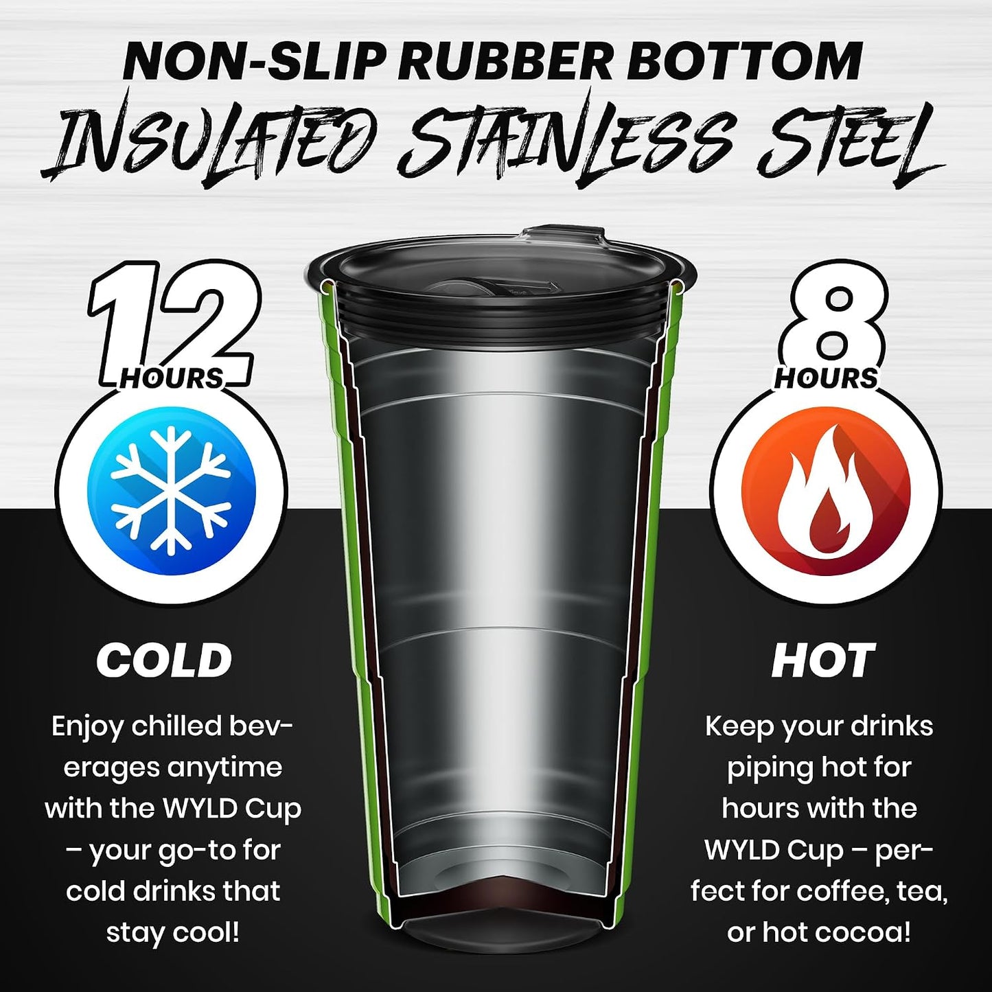 Wyld Gear Party Cup 16oz Black Stainless Steel Reusable Metal Cup with Lid | non-sweat exterior, 18/8 stainless steel, copper-coated core, non-slip rubber bottom, leak-resistant lid, powder coated
