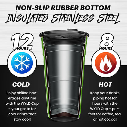 Wyld Gear Party Cup 16oz Black Stainless Steel Reusable Metal Cup with Lid | non-sweat exterior, 18/8 stainless steel, copper-coated core, non-slip rubber bottom, leak-resistant lid, powder coated