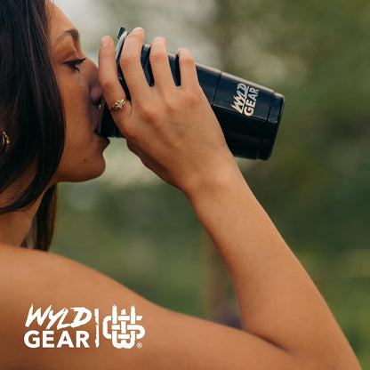Wyld Gear Party Cup 16oz Black Stainless Steel Reusable Metal Cup with Lid | non-sweat exterior, 18/8 stainless steel, copper-coated core, non-slip rubber bottom, leak-resistant lid, powder coated