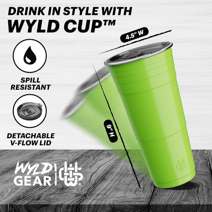 Wyld Gear Party Cup 16oz Black Stainless Steel Reusable Metal Cup with Lid | non-sweat exterior, 18/8 stainless steel, copper-coated core, non-slip rubber bottom, leak-resistant lid, powder coated