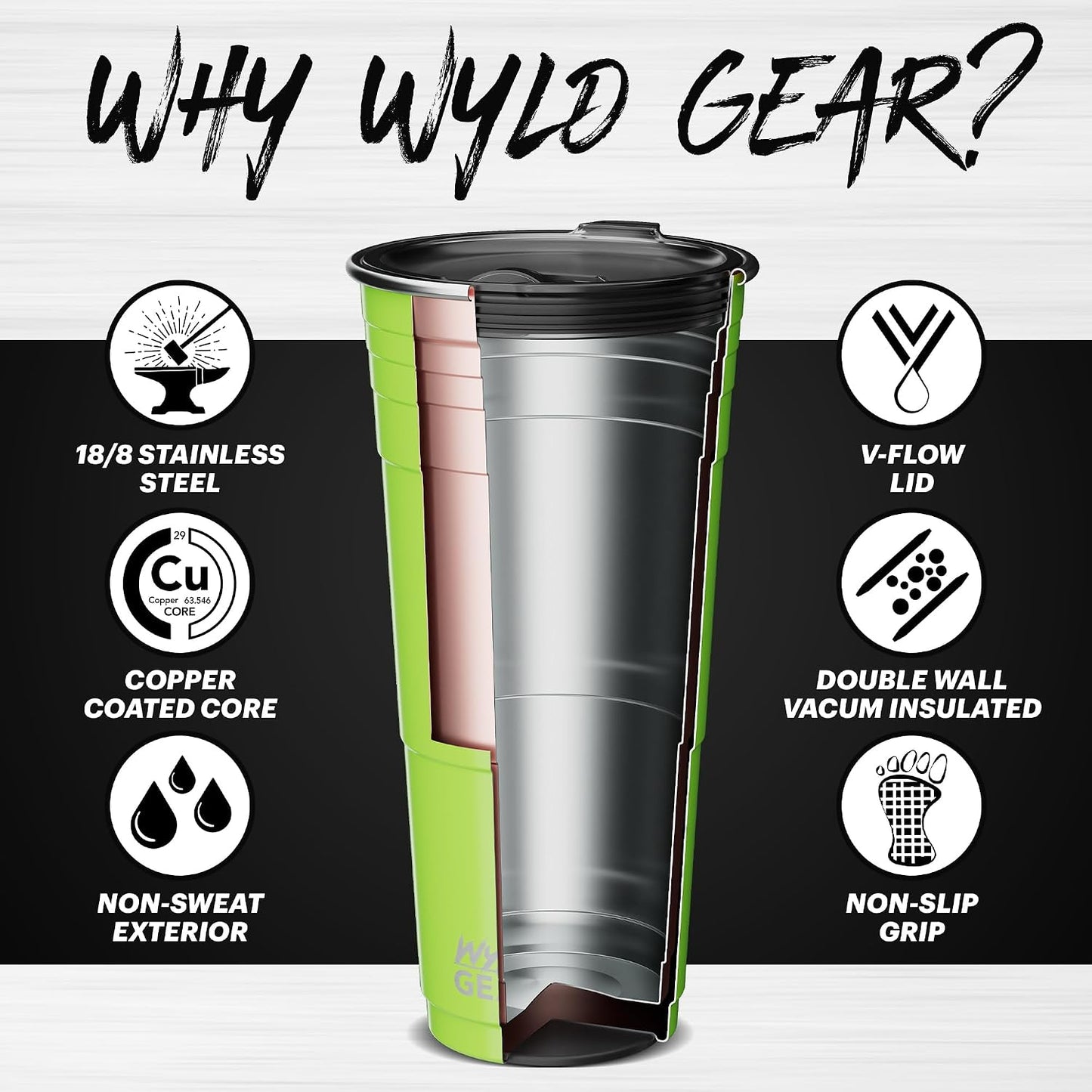 Wyld Gear Party Cup 16oz Black Stainless Steel Reusable Metal Cup with Lid | non-sweat exterior, 18/8 stainless steel, copper-coated core, non-slip rubber bottom, leak-resistant lid, powder coated