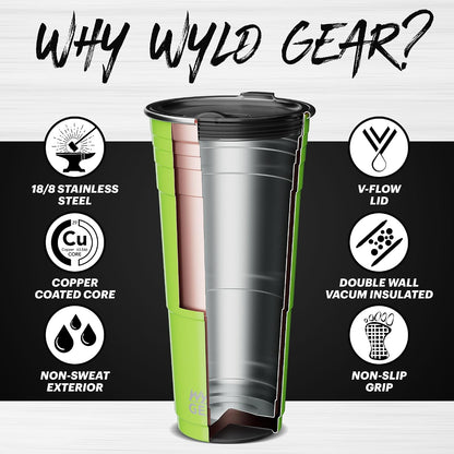 Wyld Gear Party Cup 16oz Black Stainless Steel Reusable Metal Cup with Lid | non-sweat exterior, 18/8 stainless steel, copper-coated core, non-slip rubber bottom, leak-resistant lid, powder coated